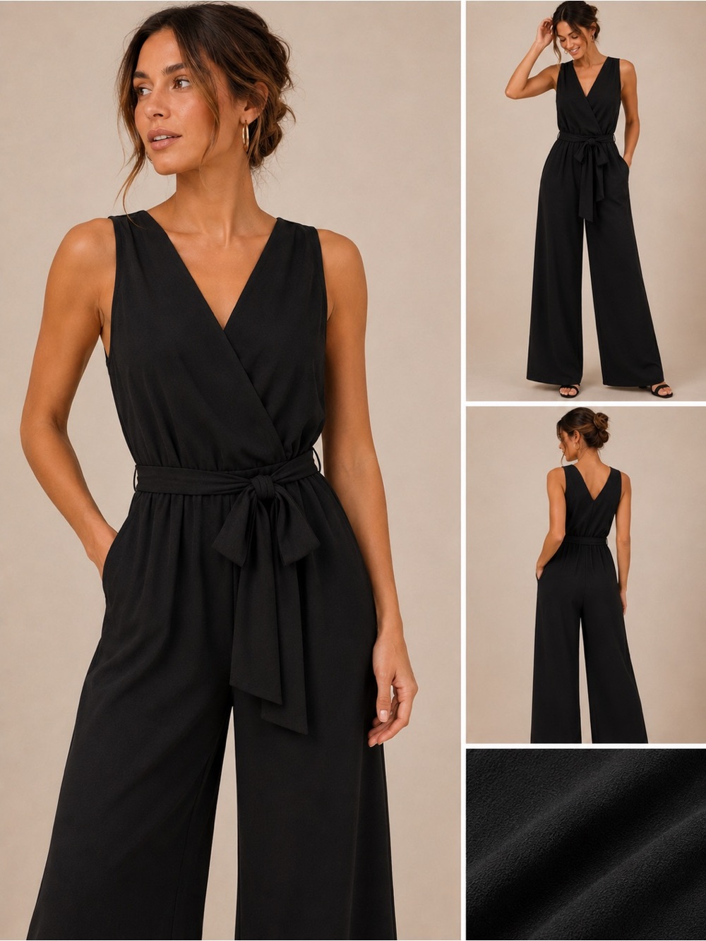 NWT Sienna Sky Black Chiffon Tie-Waist Adjustable V-Neck Jumpsuit Wedding XS
